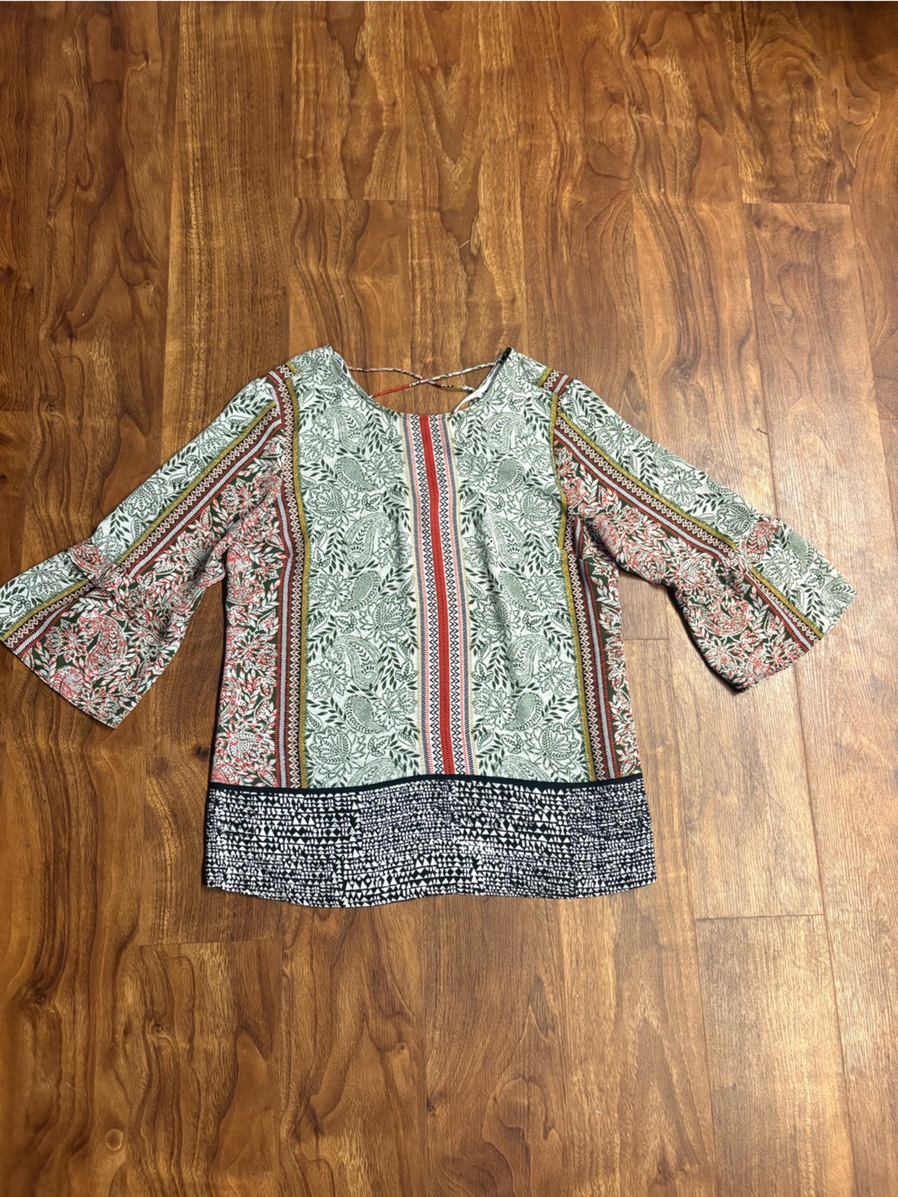 DR2 Mixed Floral Stripe Blouse in Sage Green and Coral